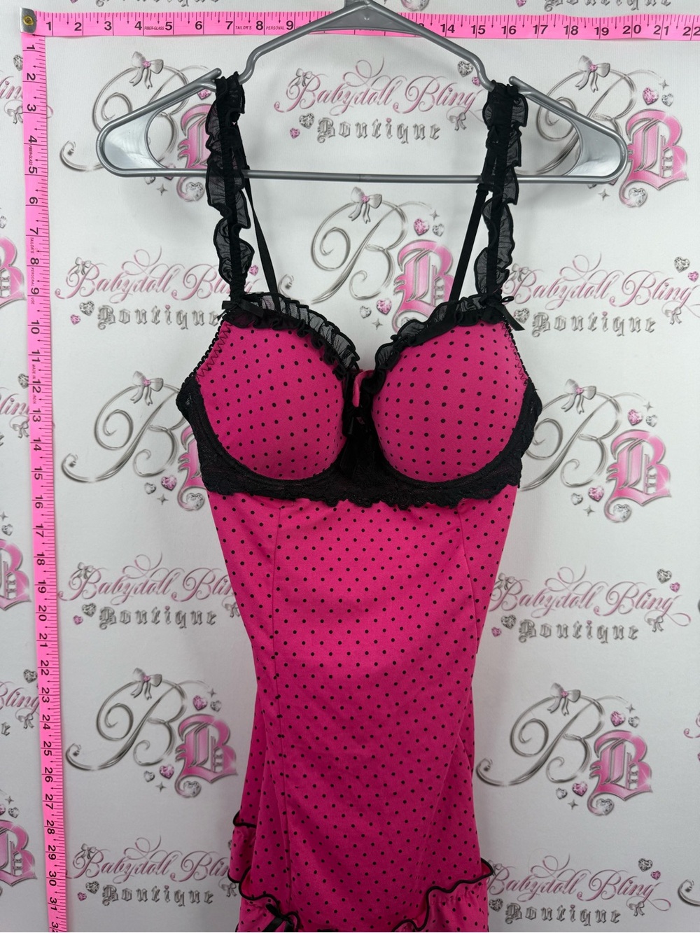 NATURE INTIMATES babydoll dress mini Hot Pink & Black Polka Dot Lace Chemise